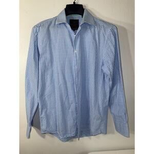 Tattersall London Mens L Cotton Blue White Gingham Button Down Shirt Long Sleeve
